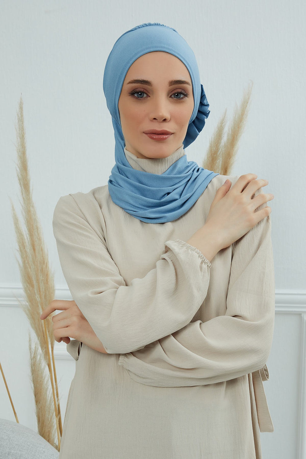 Side Frilled Instant Turban Cotton Headscarf for Women Turban Gift with Beautiful Design, Easy to Wear Muslim Ruffled Headscarf Cover,HT-73 Blue