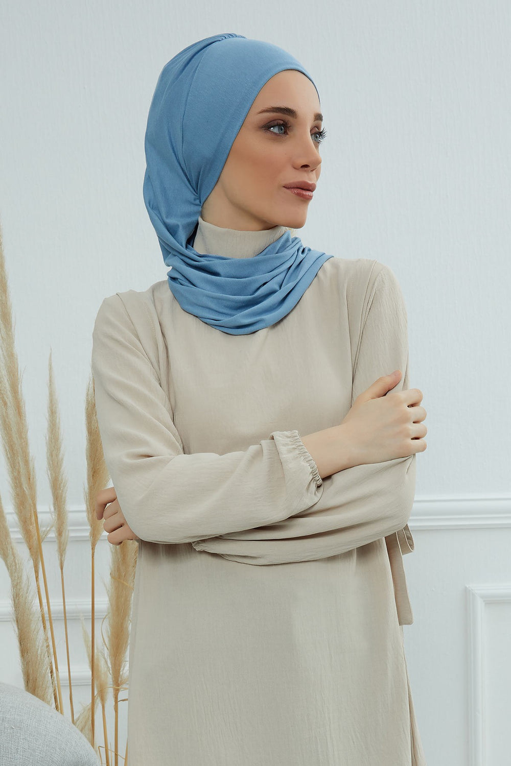 Side Frilled Instant Turban Cotton Headscarf for Women Turban Gift with Beautiful Design, Easy to Wear Muslim Ruffled Headscarf Cover,HT-73 Blue