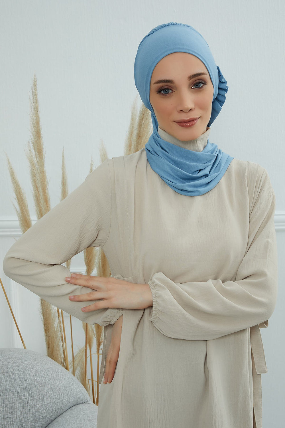 Side Frilled Instant Turban Cotton Headscarf for Women Turban Gift with Beautiful Design, Easy to Wear Muslim Ruffled Headscarf Cover,HT-73 Blue