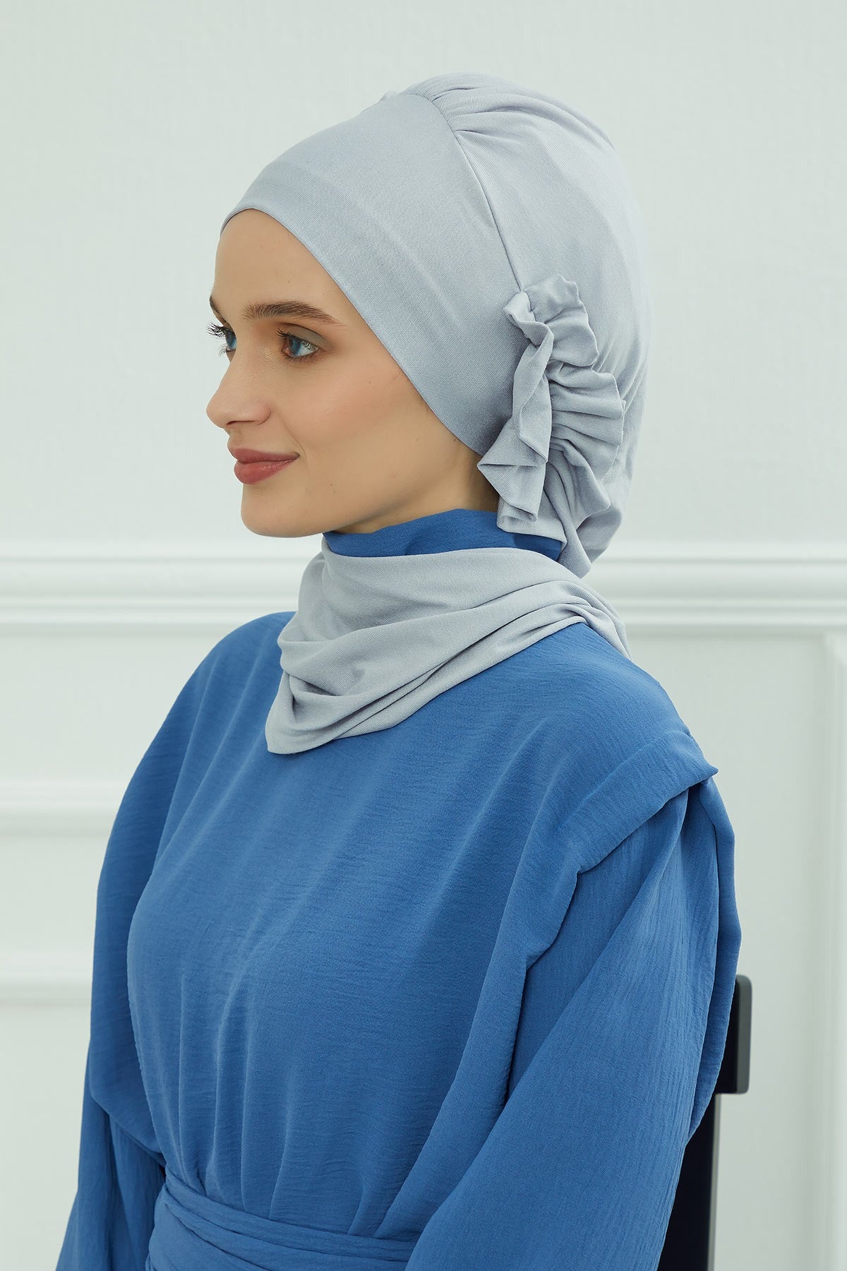 Side Frilled Instant Turban Cotton Headscarf for Women Turban Gift with Beautiful Design, Easy to Wear Muslim Ruffled Headscarf Cover,HT-73 Grey 2