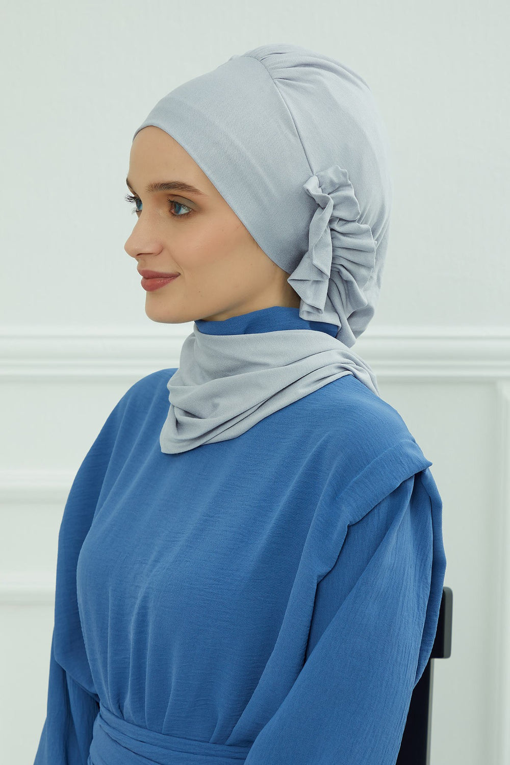 Side Frilled Instant Turban Cotton Headscarf for Women Turban Gift with Beautiful Design, Easy to Wear Muslim Ruffled Headscarf Cover,HT-73 Grey 2