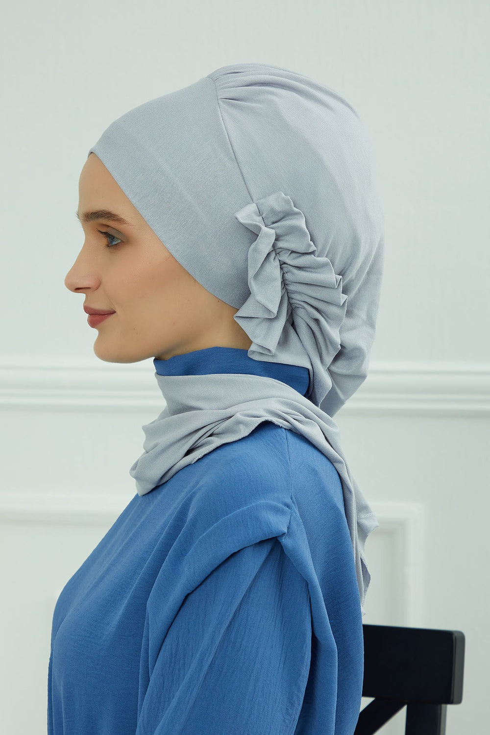 Side Frilled Instant Turban Cotton Headscarf for Women Turban Gift with Beautiful Design, Easy to Wear Muslim Ruffled Headscarf Cover,HT-73 Grey 2
