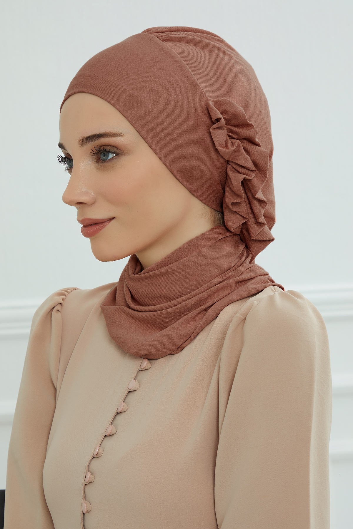Side Frilled Instant Turban Cotton Headscarf for Women Turban Gift with Beautiful Design, Easy to Wear Muslim Ruffled Headscarf Cover,HT-73 Caramel Brown