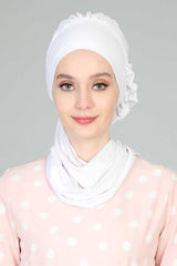 Side Frilled Instant Turban Cotton Headscarf for Women Turban Gift with Beautiful Design, Easy to Wear Muslim Ruffled Headscarf Cover,HT-73 White
