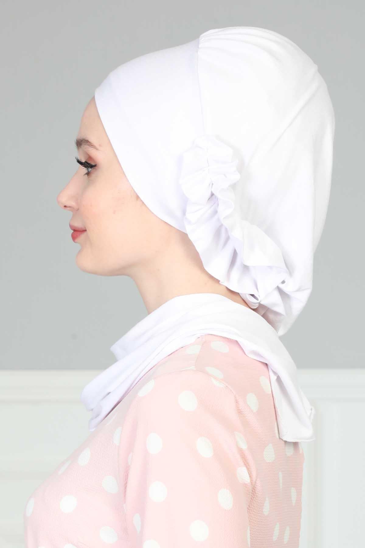 Side Frilled Instant Turban Cotton Headscarf for Women Turban Gift with Beautiful Design, Easy to Wear Muslim Ruffled Headscarf Cover,HT-73 White