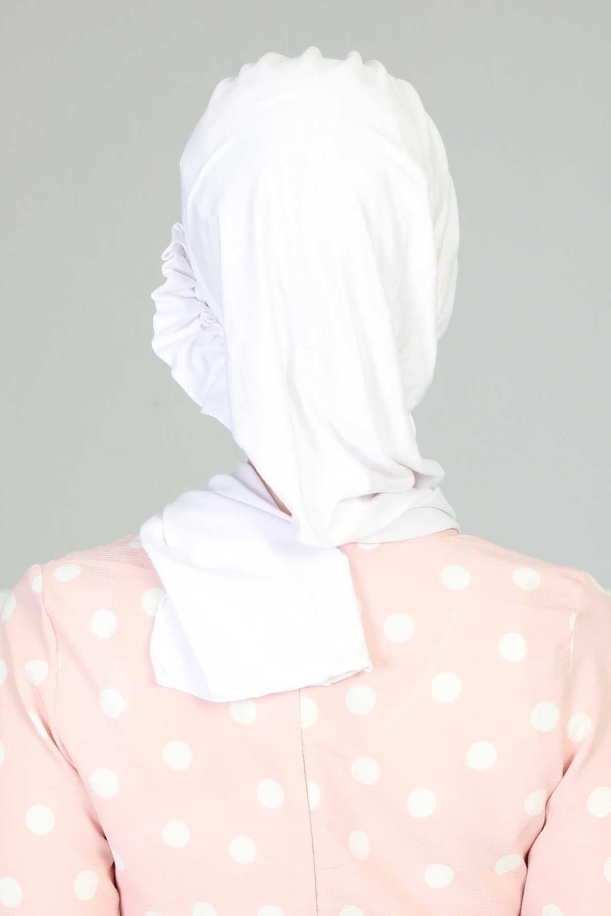 Side Frilled Instant Turban Cotton Headscarf for Women Turban Gift with Beautiful Design, Easy to Wear Muslim Ruffled Headscarf Cover,HT-73 White