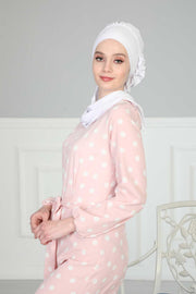 Side Frilled Instant Turban Cotton Headscarf for Women Turban Gift with Beautiful Design, Easy to Wear Muslim Ruffled Headscarf Cover,HT-73 White