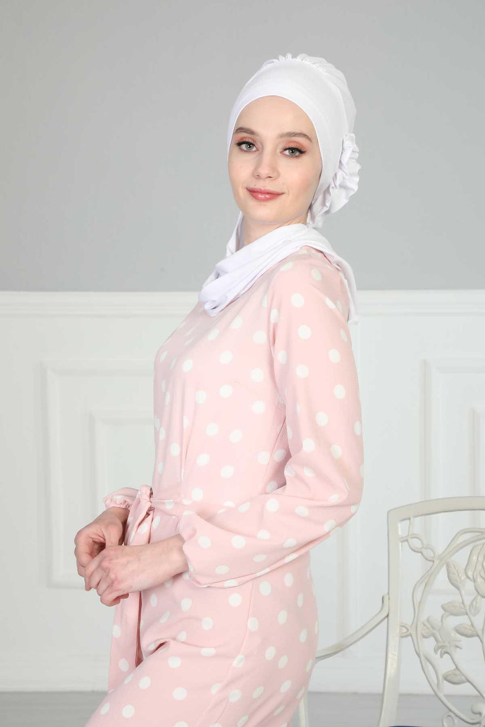 Side Frilled Instant Turban Cotton Headscarf for Women Turban Gift with Beautiful Design, Easy to Wear Muslim Ruffled Headscarf Cover,HT-73 White