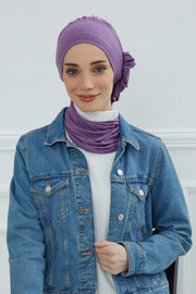Side Frilled Instant Turban Cotton Headscarf for Women Turban Gift with Beautiful Design, Easy to Wear Muslim Ruffled Headscarf Cover,HT-73 Purple 2