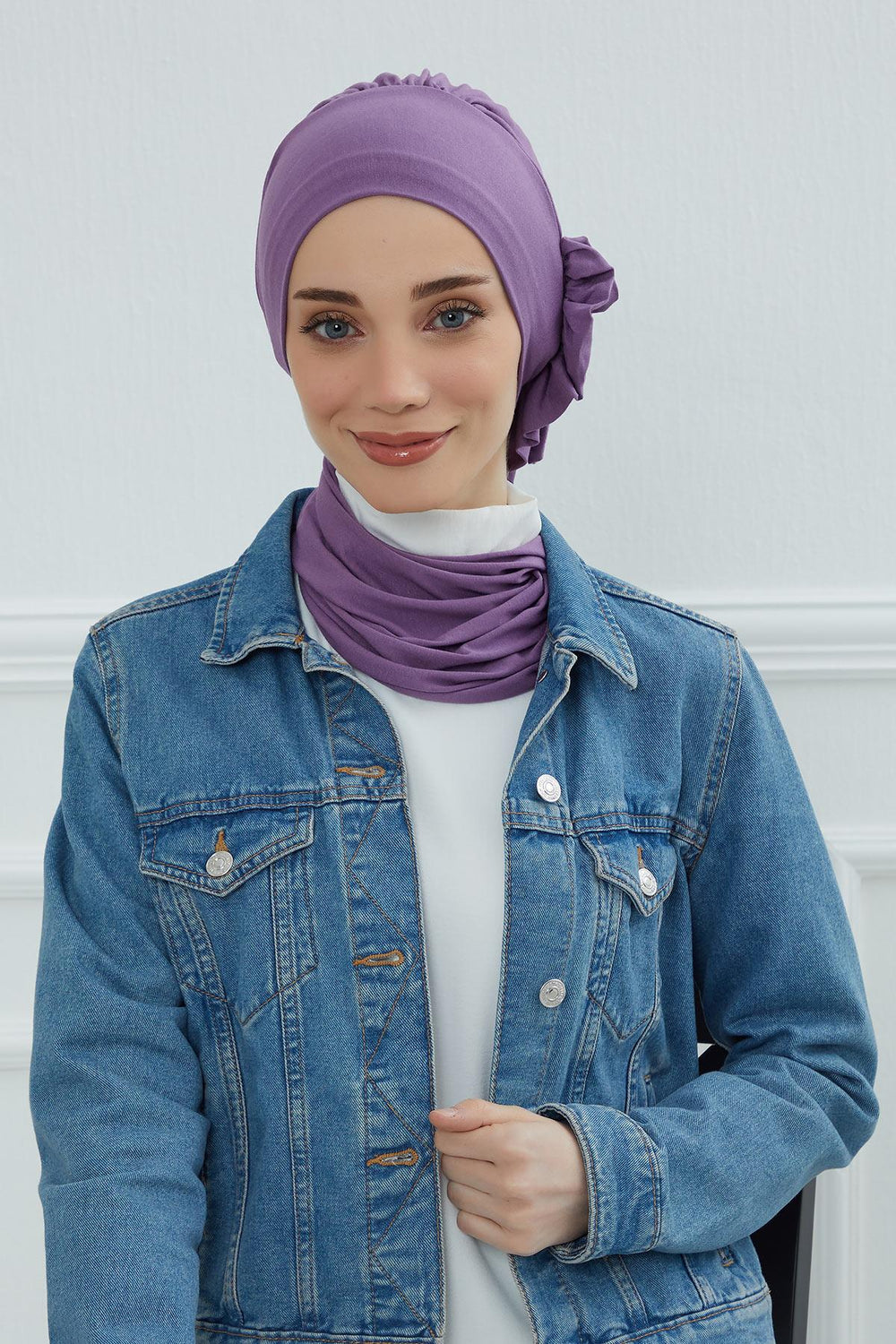 Side Frilled Instant Turban Cotton Headscarf for Women Turban Gift with Beautiful Design, Easy to Wear Muslim Ruffled Headscarf Cover,HT-73 Purple 2