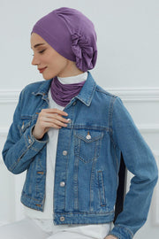 Side Frilled Instant Turban Cotton Headscarf for Women Turban Gift with Beautiful Design, Easy to Wear Muslim Ruffled Headscarf Cover,HT-73 Purple 2