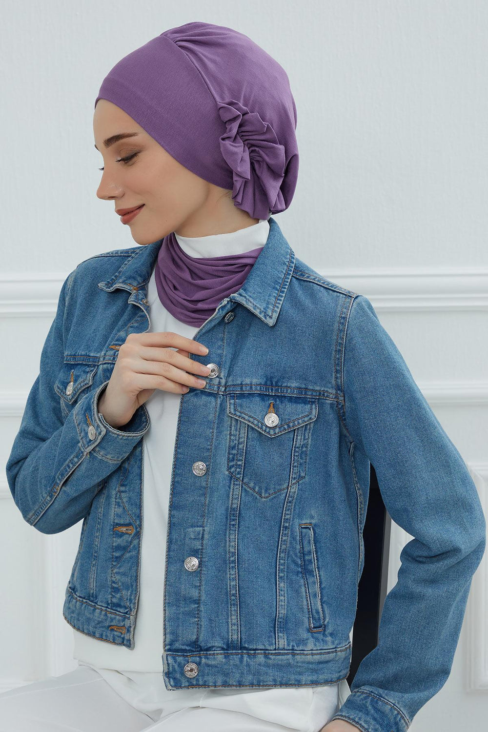 Side Frilled Instant Turban Cotton Headscarf for Women Turban Gift with Beautiful Design, Easy to Wear Muslim Ruffled Headscarf Cover,HT-73 Purple 2