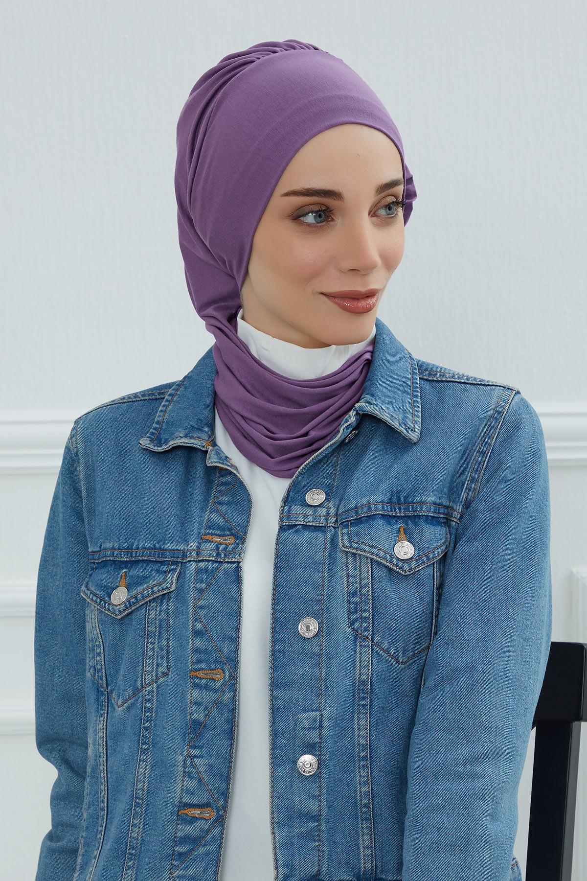 Side Frilled Instant Turban Cotton Headscarf for Women Turban Gift with Beautiful Design, Easy to Wear Muslim Ruffled Headscarf Cover,HT-73 Purple 2