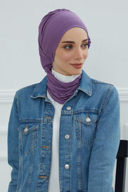 Side Frilled Instant Turban Cotton Headscarf for Women Turban Gift with Beautiful Design, Easy to Wear Muslim Ruffled Headscarf Cover,HT-73 Purple 2