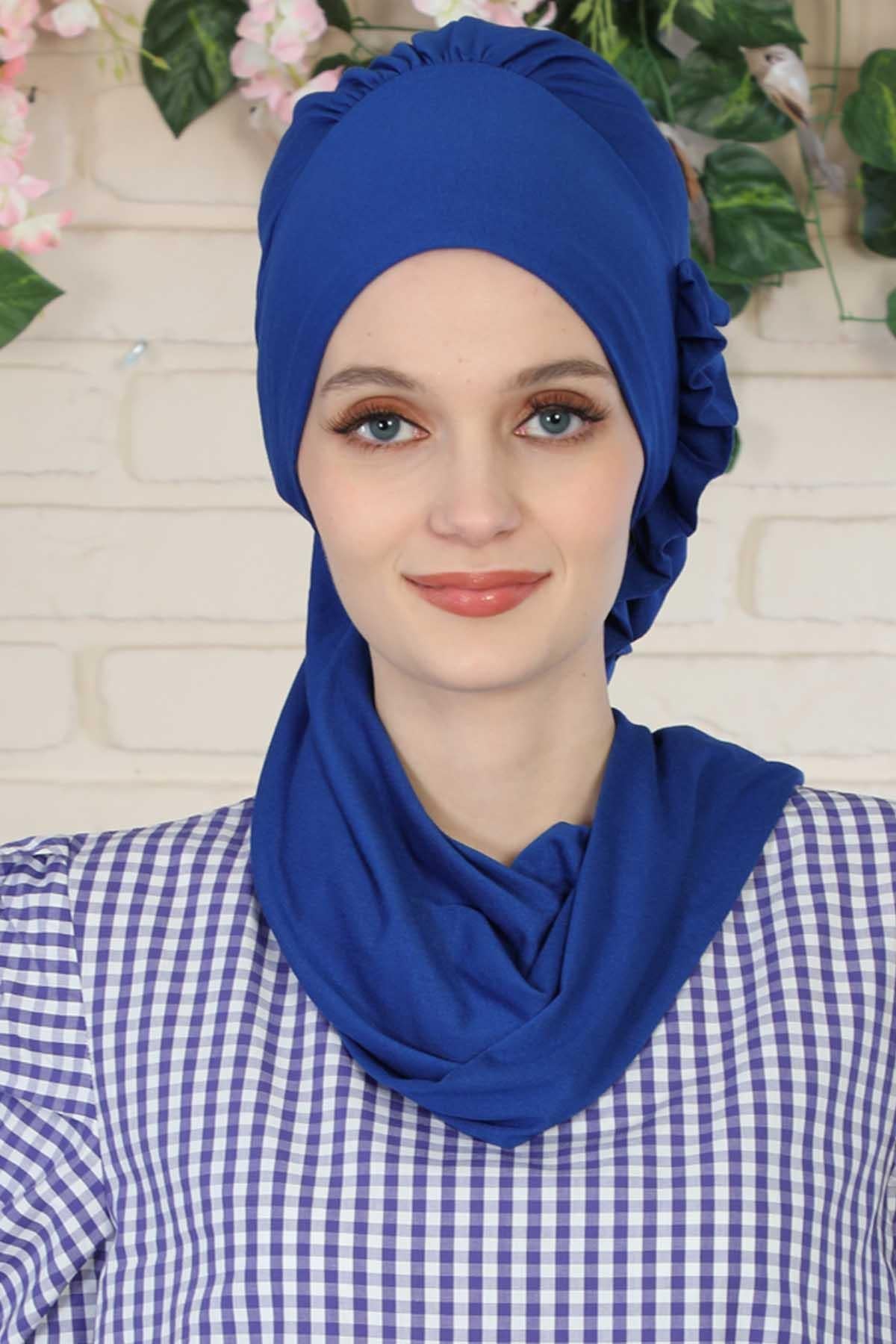 Side Frilled Instant Turban Cotton Headscarf for Women Turban Gift with Beautiful Design, Easy to Wear Muslim Ruffled Headscarf Cover,HT-73 Sax Blue