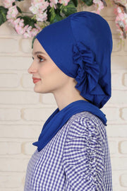 Side Frilled Instant Turban Cotton Headscarf for Women Turban Gift with Beautiful Design, Easy to Wear Muslim Ruffled Headscarf Cover,HT-73 Sax Blue