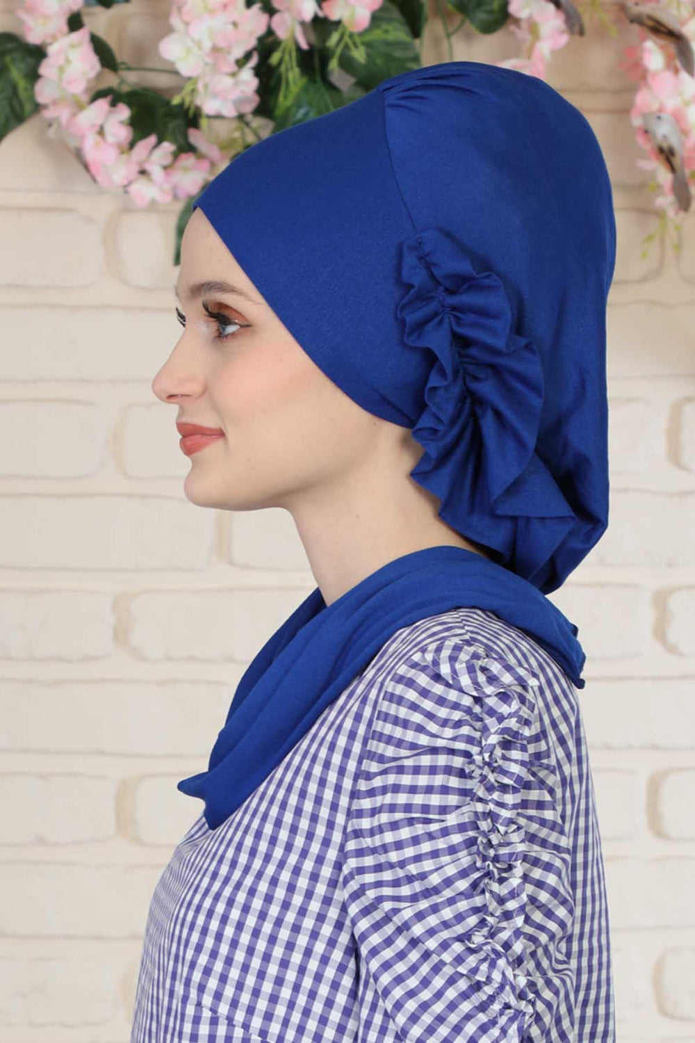 Side Frilled Instant Turban Cotton Headscarf for Women Turban Gift with Beautiful Design, Easy to Wear Muslim Ruffled Headscarf Cover,HT-73 Sax Blue