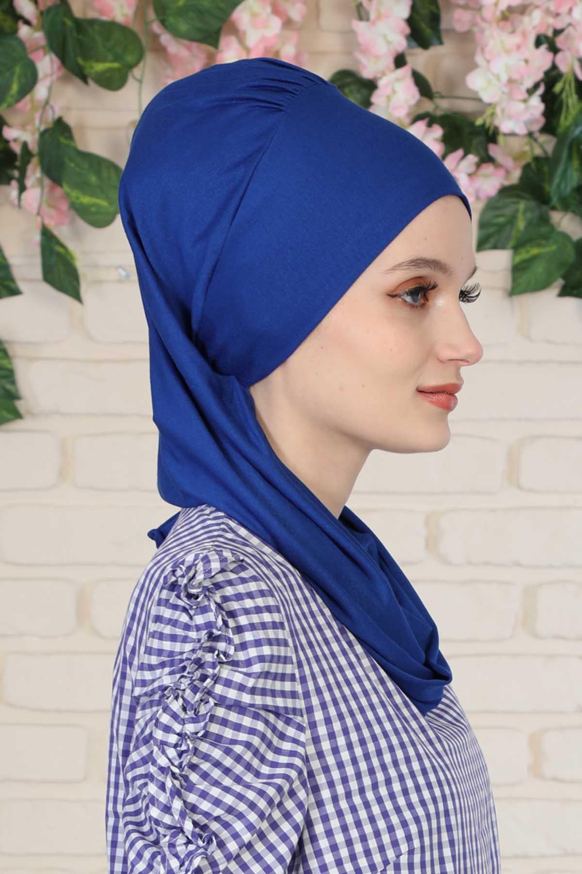 Side Frilled Instant Turban Cotton Headscarf for Women Turban Gift with Beautiful Design, Easy to Wear Muslim Ruffled Headscarf Cover,HT-73 Sax Blue