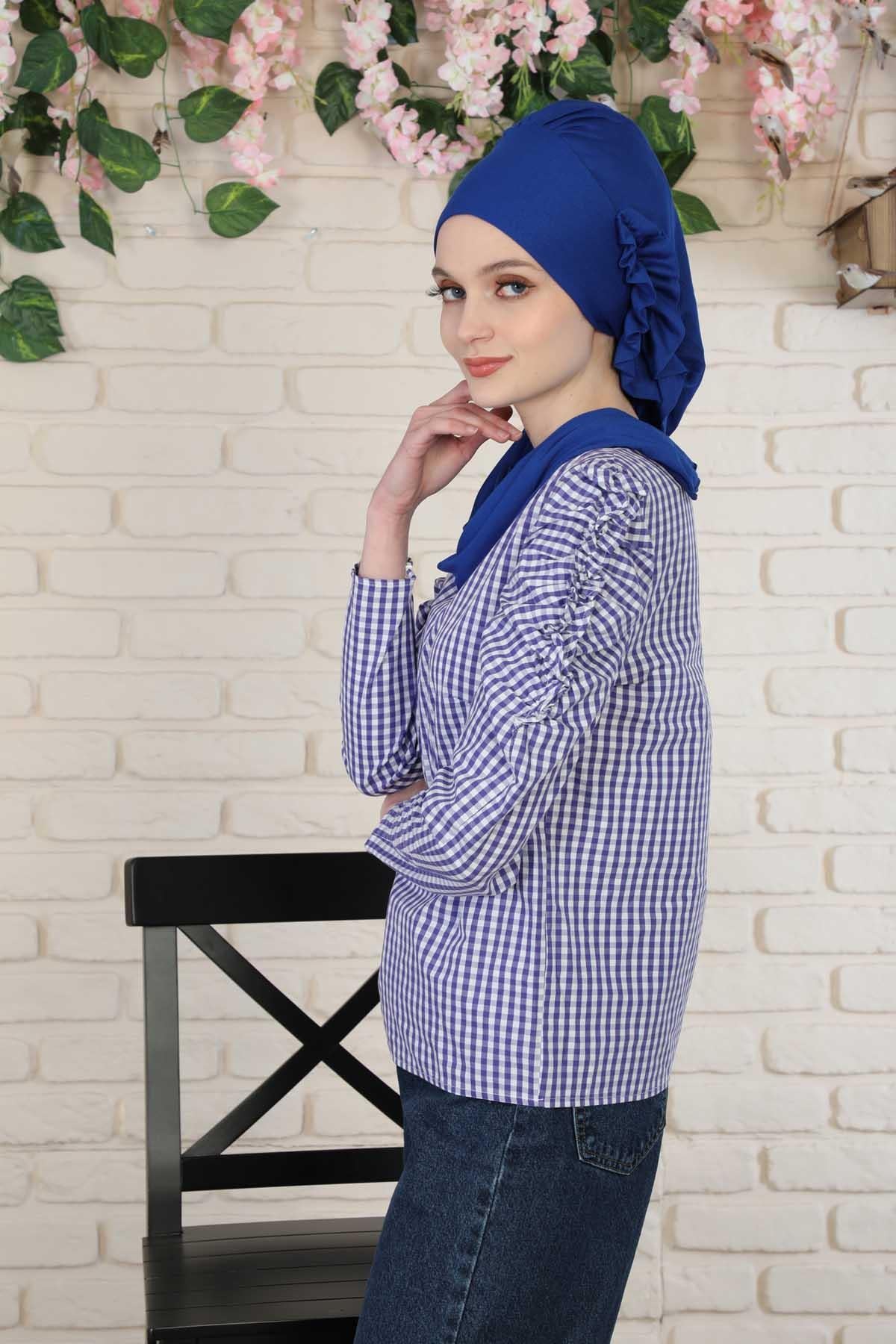 Side Frilled Instant Turban Cotton Headscarf for Women Turban Gift with Beautiful Design, Easy to Wear Muslim Ruffled Headscarf Cover,HT-73 Sax Blue