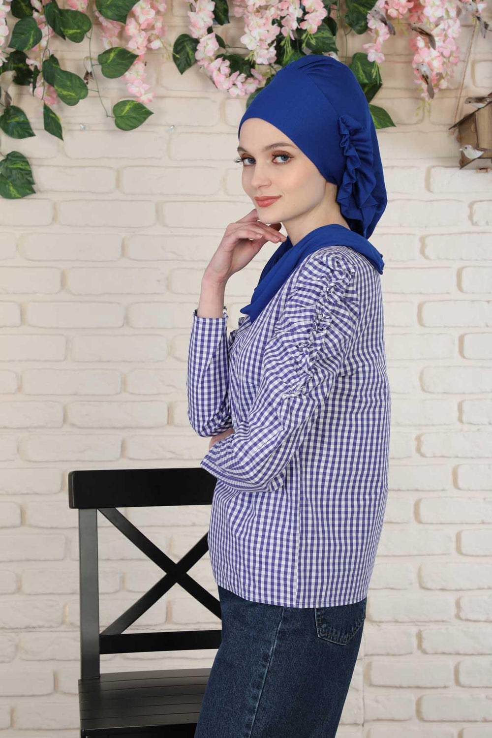 Side Frilled Instant Turban Cotton Headscarf for Women Turban Gift with Beautiful Design, Easy to Wear Muslim Ruffled Headscarf Cover,HT-73 Sax Blue