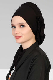 Side Frilled Instant Turban Cotton Headscarf for Women Turban Gift with Beautiful Design, Easy to Wear Muslim Ruffled Headscarf Cover,HT-73 Black