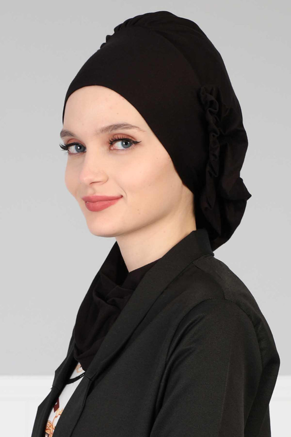 Side Frilled Instant Turban Cotton Headscarf for Women Turban Gift with Beautiful Design, Easy to Wear Muslim Ruffled Headscarf Cover,HT-73 Black