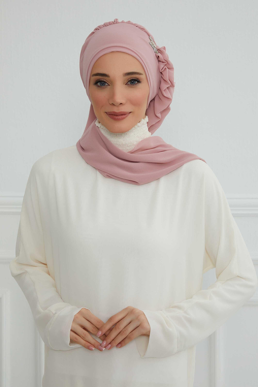 Elegant Chiffon Instant Turban with Sparkle Brooch, Pre-Tied Modest Headwrap for Women, Stylish Hijab Cap with Side Ruffle,HT-106 Powder