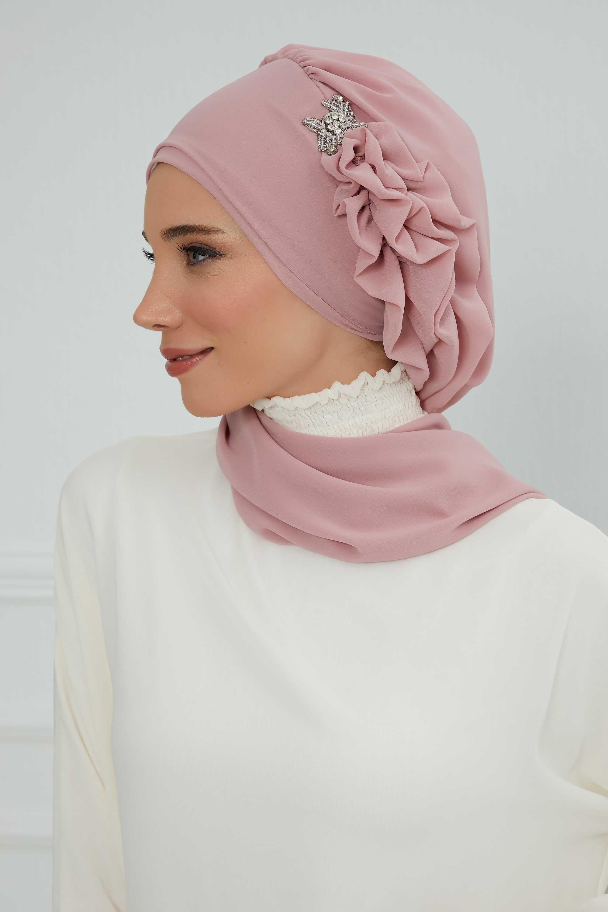 Elegant Chiffon Instant Turban with Sparkle Brooch, Pre-Tied Modest Headwrap for Women, Stylish Hijab Cap with Side Ruffle,HT-106 Powder