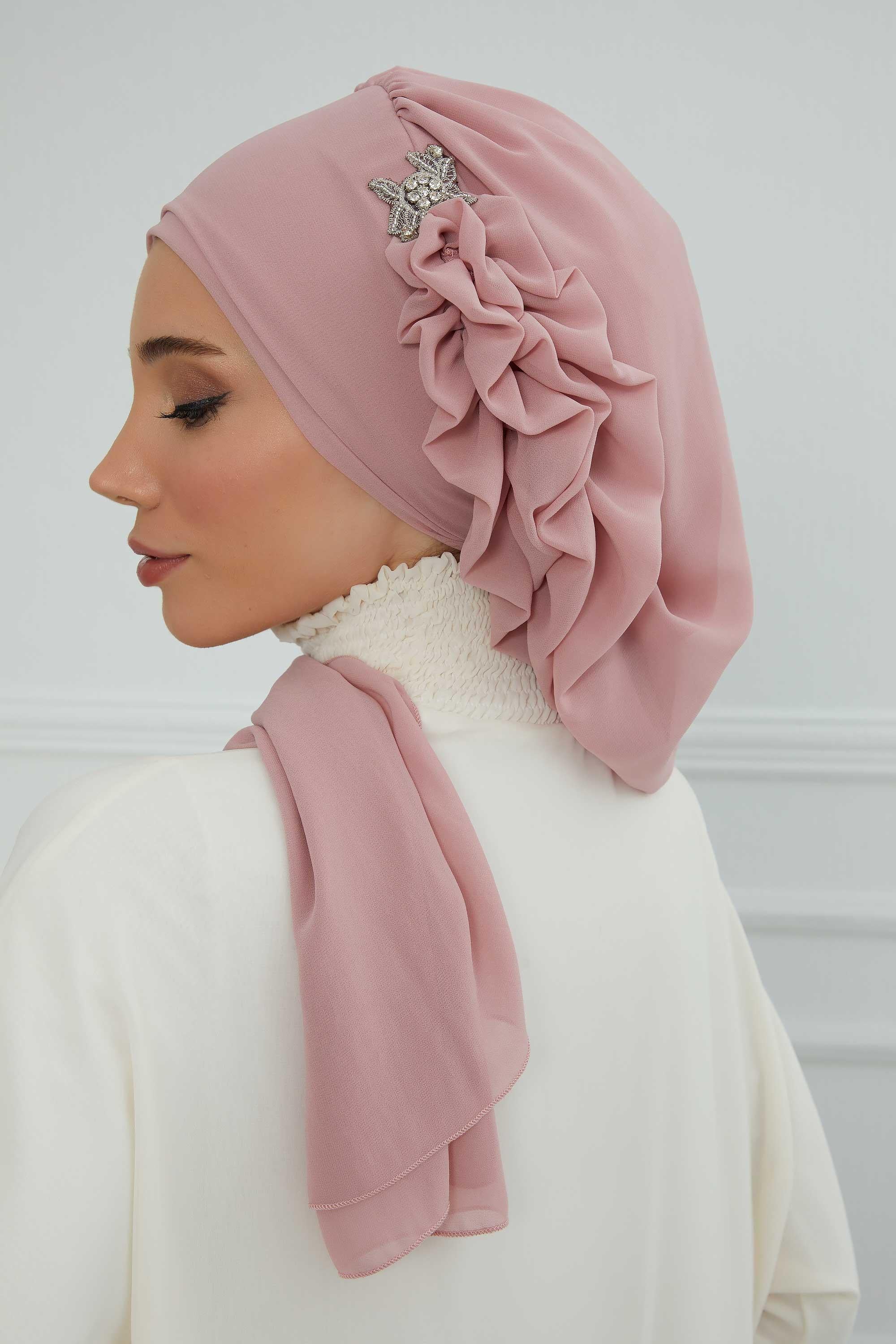 Elegant Chiffon Instant Turban with Sparkle Brooch, Pre-Tied Modest Headwrap for Women, Stylish Hijab Cap with Side Ruffle,HT-106 Powder