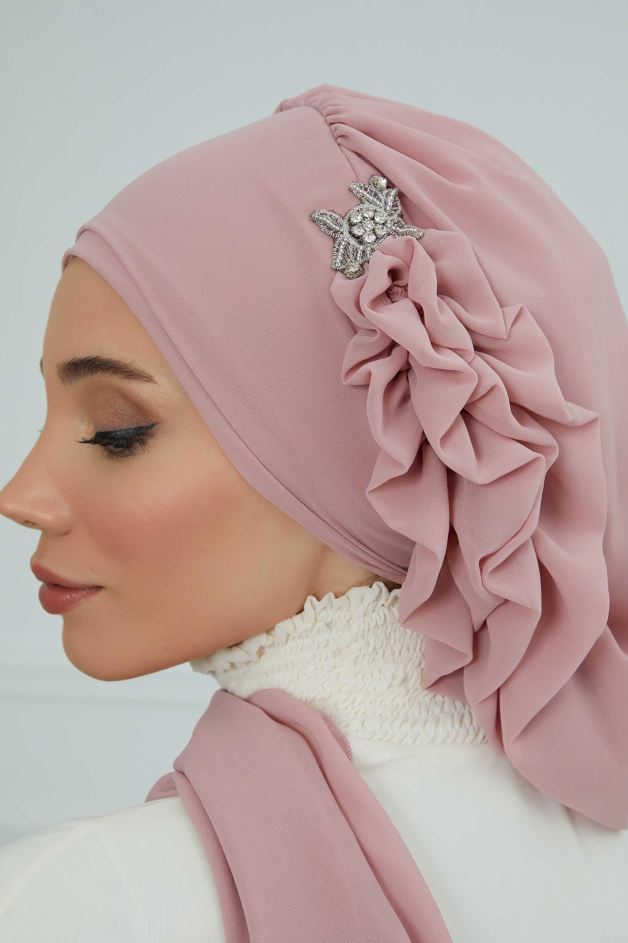 Elegant Chiffon Instant Turban with Sparkle Brooch, Pre-Tied Modest Headwrap for Women, Stylish Hijab Cap with Side Ruffle,HT-106 Powder