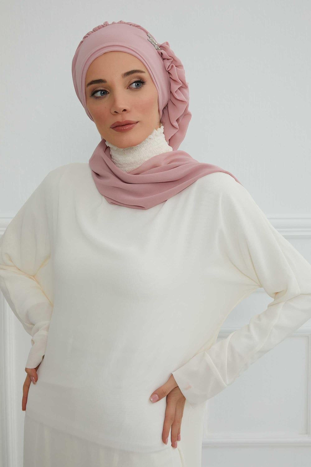 Elegant Chiffon Instant Turban with Sparkle Brooch, Pre-Tied Modest Headwrap for Women, Stylish Hijab Cap with Side Ruffle,HT-106 Powder
