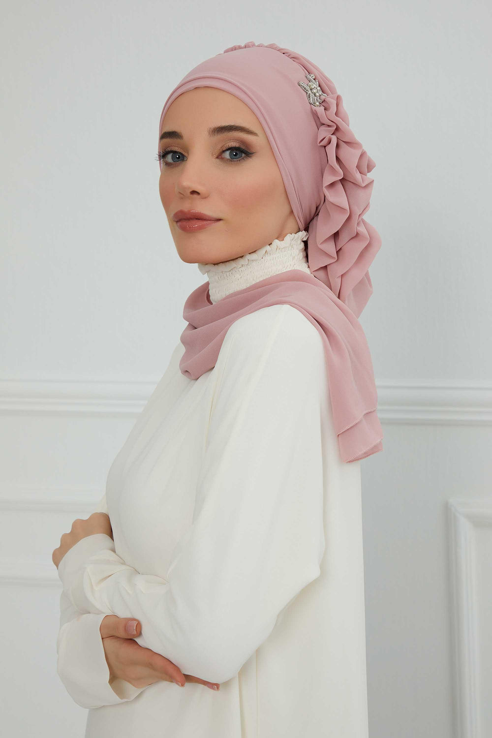 Elegant Chiffon Instant Turban with Sparkle Brooch, Pre-Tied Modest Headwrap for Women, Stylish Hijab Cap with Side Ruffle,HT-106 Powder