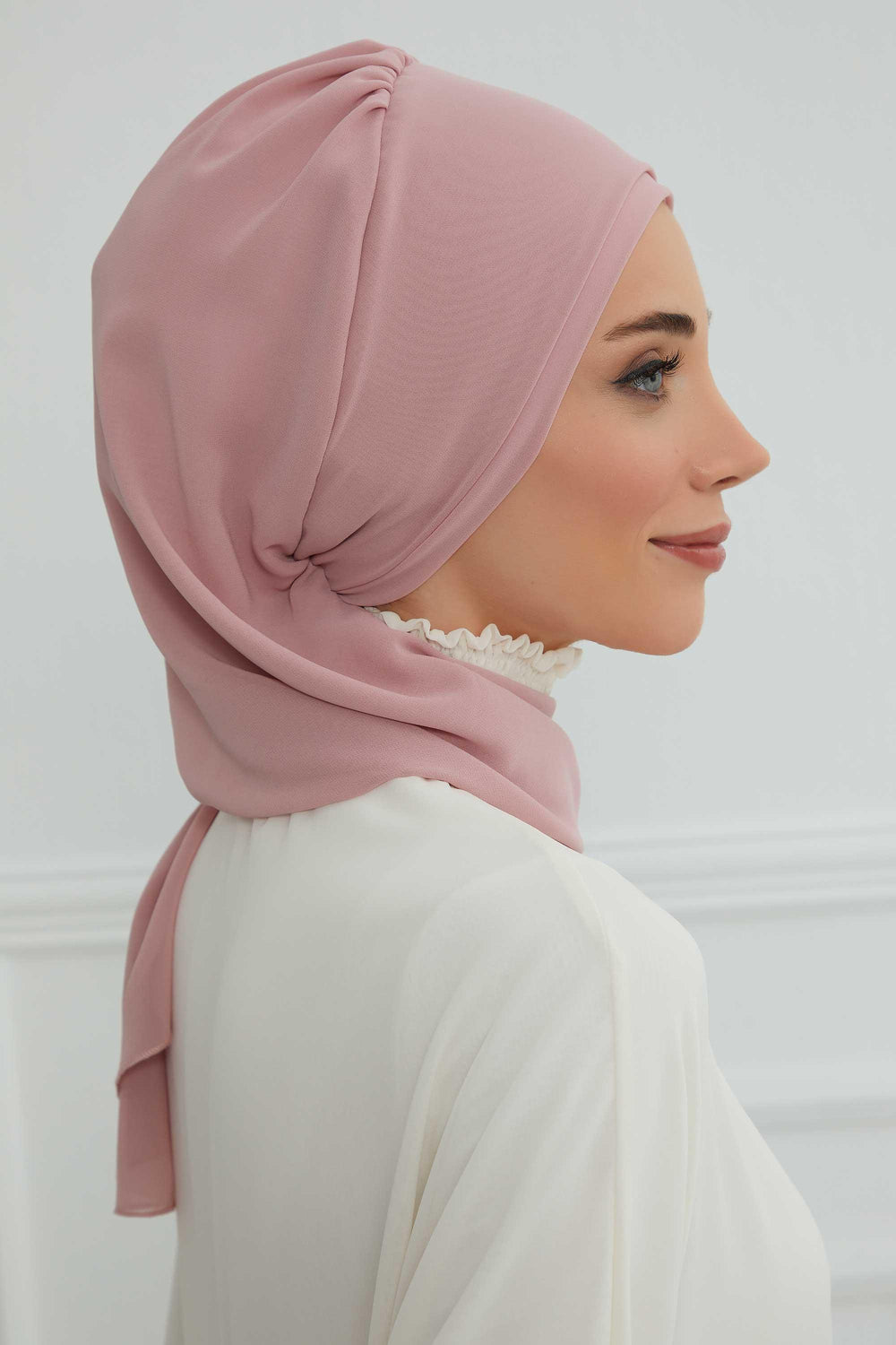 Elegant Chiffon Instant Turban with Sparkle Brooch, Pre-Tied Modest Headwrap for Women, Stylish Hijab Cap with Side Ruffle,HT-106 Powder