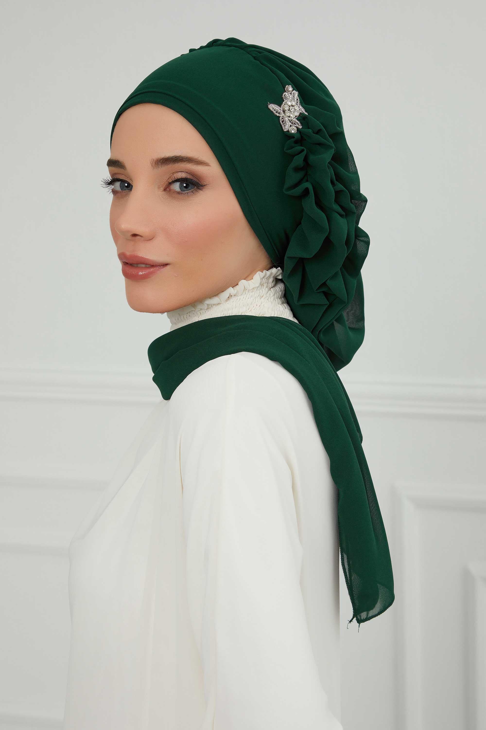 Elegant Chiffon Instant Turban with Sparkle Brooch, Pre-Tied Modest Headwrap for Women, Stylish Hijab Cap with Side Ruffle,HT-106 Dark Green