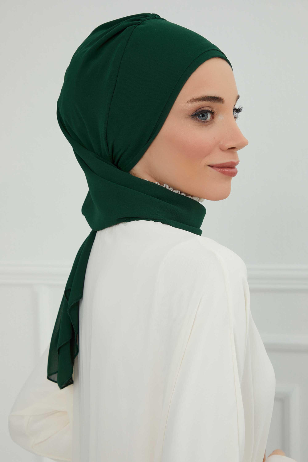 Elegant Chiffon Instant Turban with Sparkle Brooch, Pre-Tied Modest Headwrap for Women, Stylish Hijab Cap with Side Ruffle,HT-106 Dark Green
