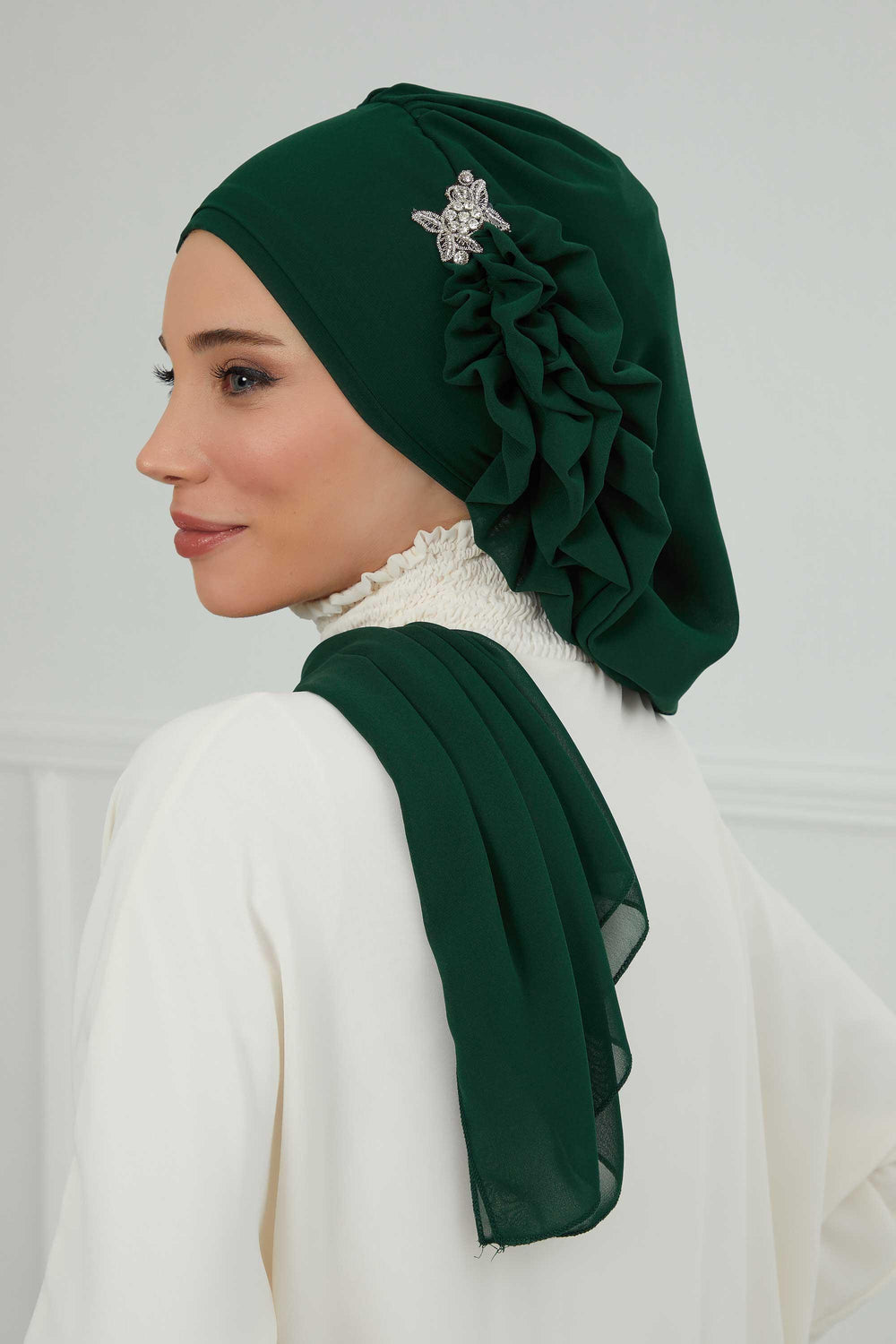 Elegant Chiffon Instant Turban with Sparkle Brooch, Pre-Tied Modest Headwrap for Women, Stylish Hijab Cap with Side Ruffle,HT-106 Dark Green