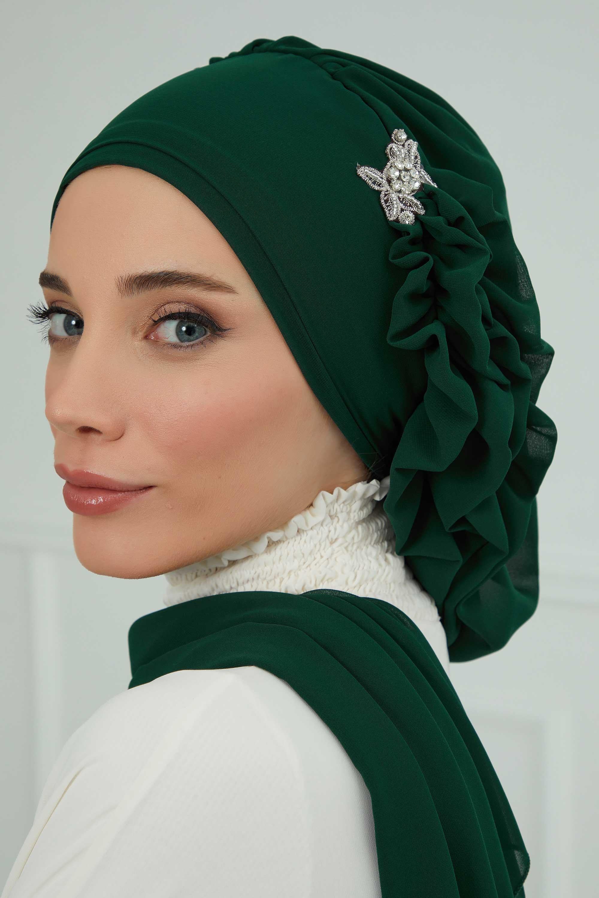 Elegant Chiffon Instant Turban with Sparkle Brooch, Pre-Tied Modest Headwrap for Women, Stylish Hijab Cap with Side Ruffle,HT-106 Dark Green