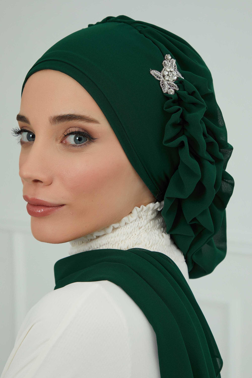Elegant Chiffon Instant Turban with Sparkle Brooch, Pre-Tied Modest Headwrap for Women, Stylish Hijab Cap with Side Ruffle,HT-106 Dark Green