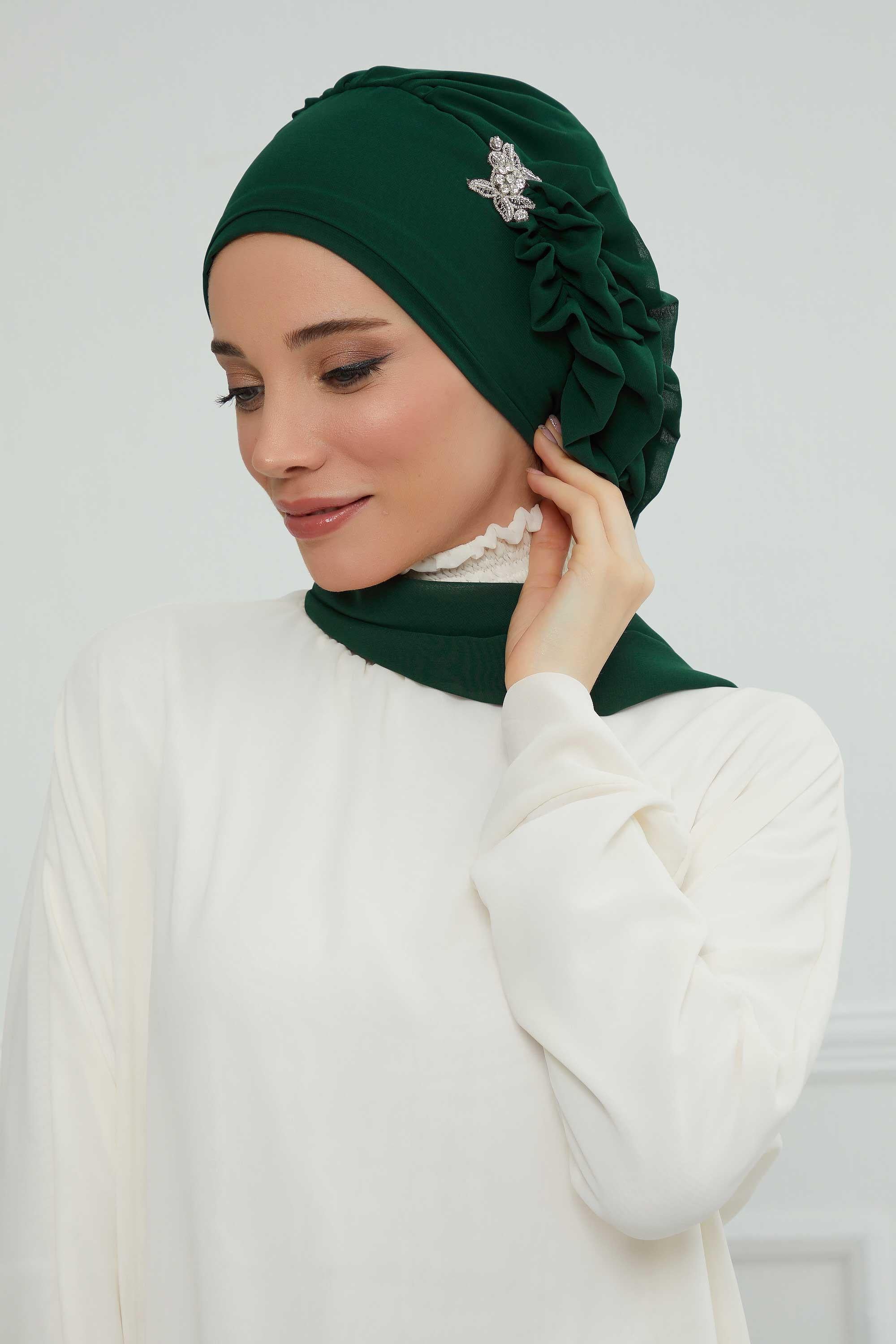 Elegant Chiffon Instant Turban with Sparkle Brooch, Pre-Tied Modest Headwrap for Women, Stylish Hijab Cap with Side Ruffle,HT-106 Dark Green