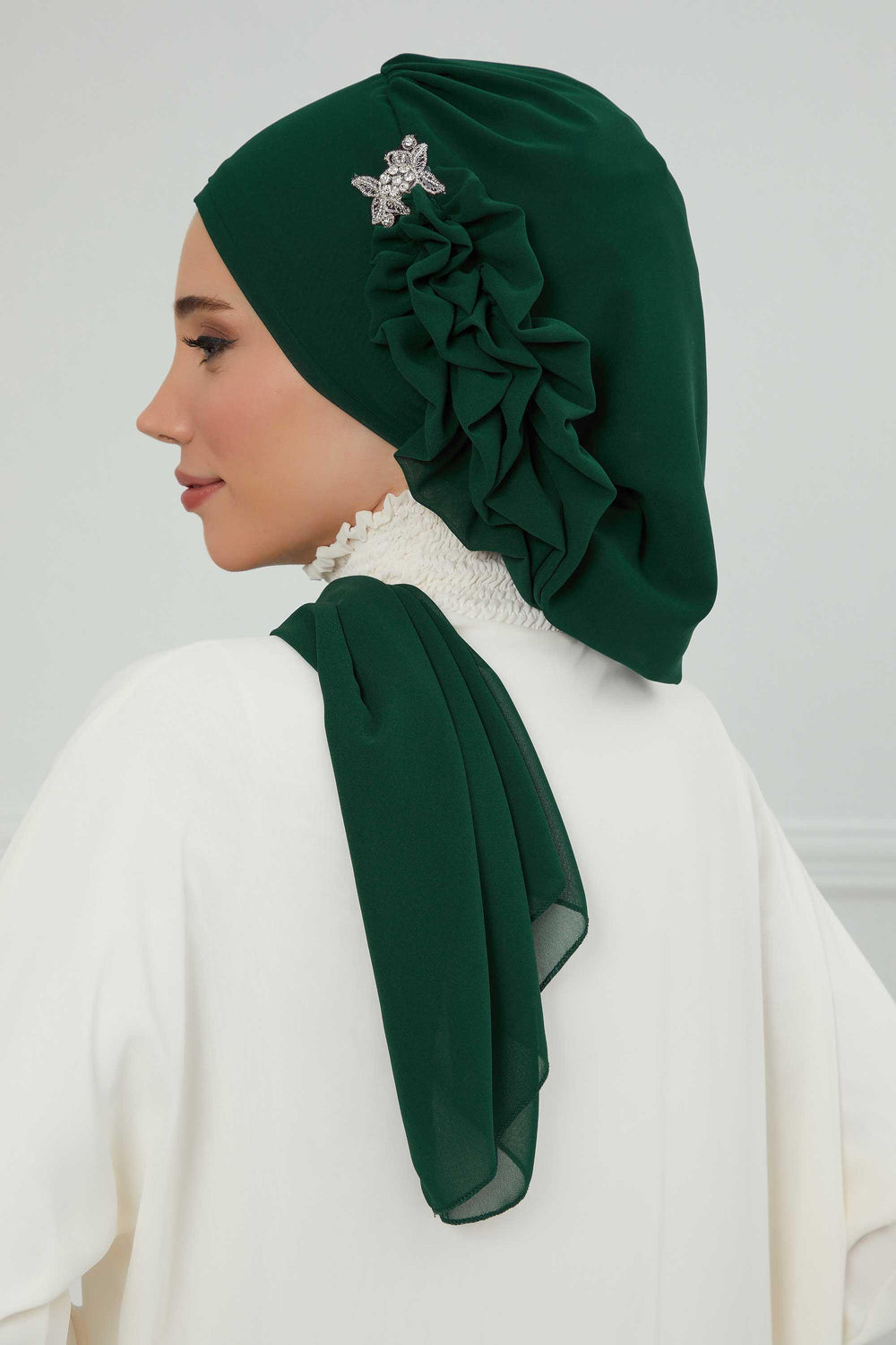 Elegant Chiffon Instant Turban with Sparkle Brooch, Pre-Tied Modest Headwrap for Women, Stylish Hijab Cap with Side Ruffle,HT-106 Dark Green