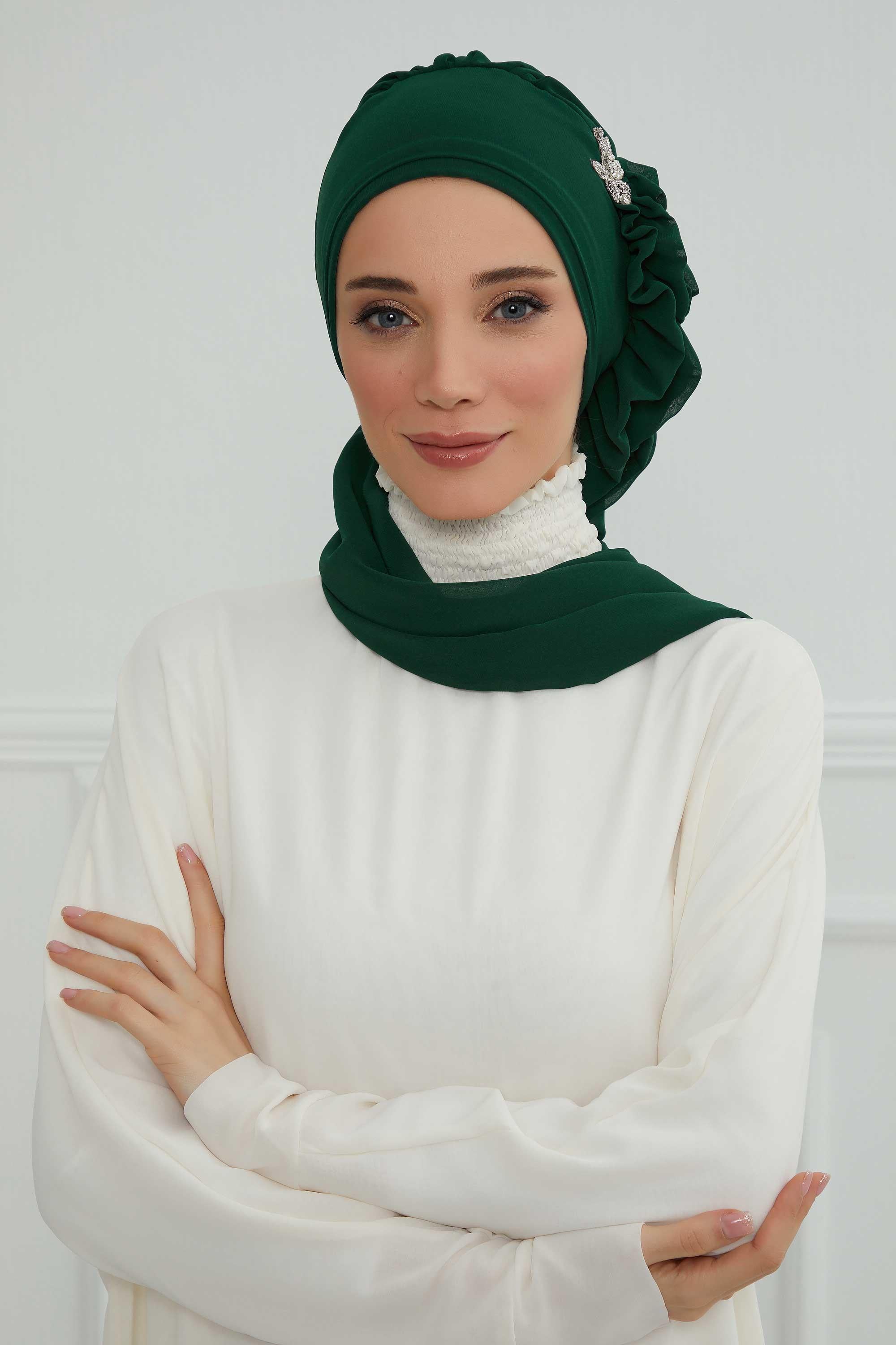 Elegant Chiffon Instant Turban with Sparkle Brooch, Pre-Tied Modest Headwrap for Women, Stylish Hijab Cap with Side Ruffle,HT-106 Dark Green