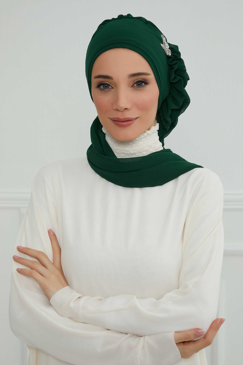 Elegant Chiffon Instant Turban with Sparkle Brooch, Pre-Tied Modest Headwrap for Women, Stylish Hijab Cap with Side Ruffle,HT-106 Dark Green