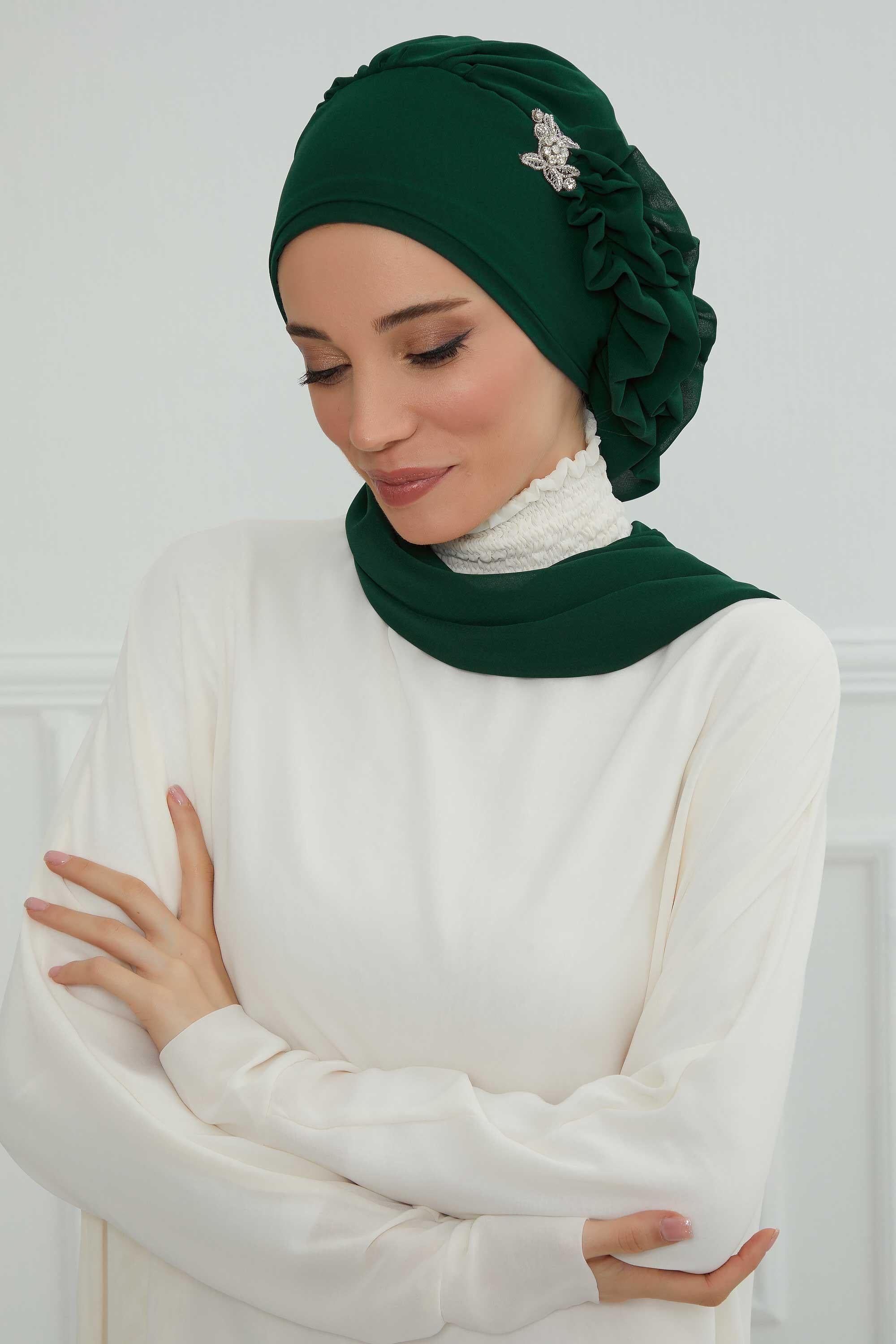 Elegant Chiffon Instant Turban with Sparkle Brooch, Pre-Tied Modest Headwrap for Women, Stylish Hijab Cap with Side Ruffle,HT-106 Dark Green