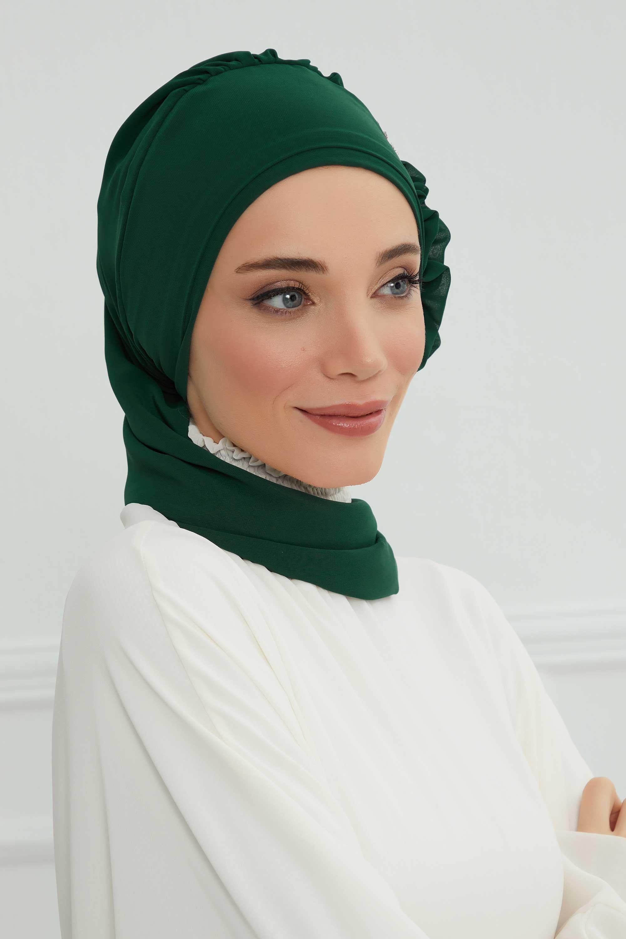 Elegant Chiffon Instant Turban with Sparkle Brooch, Pre-Tied Modest Headwrap for Women, Stylish Hijab Cap with Side Ruffle,HT-106 Dark Green