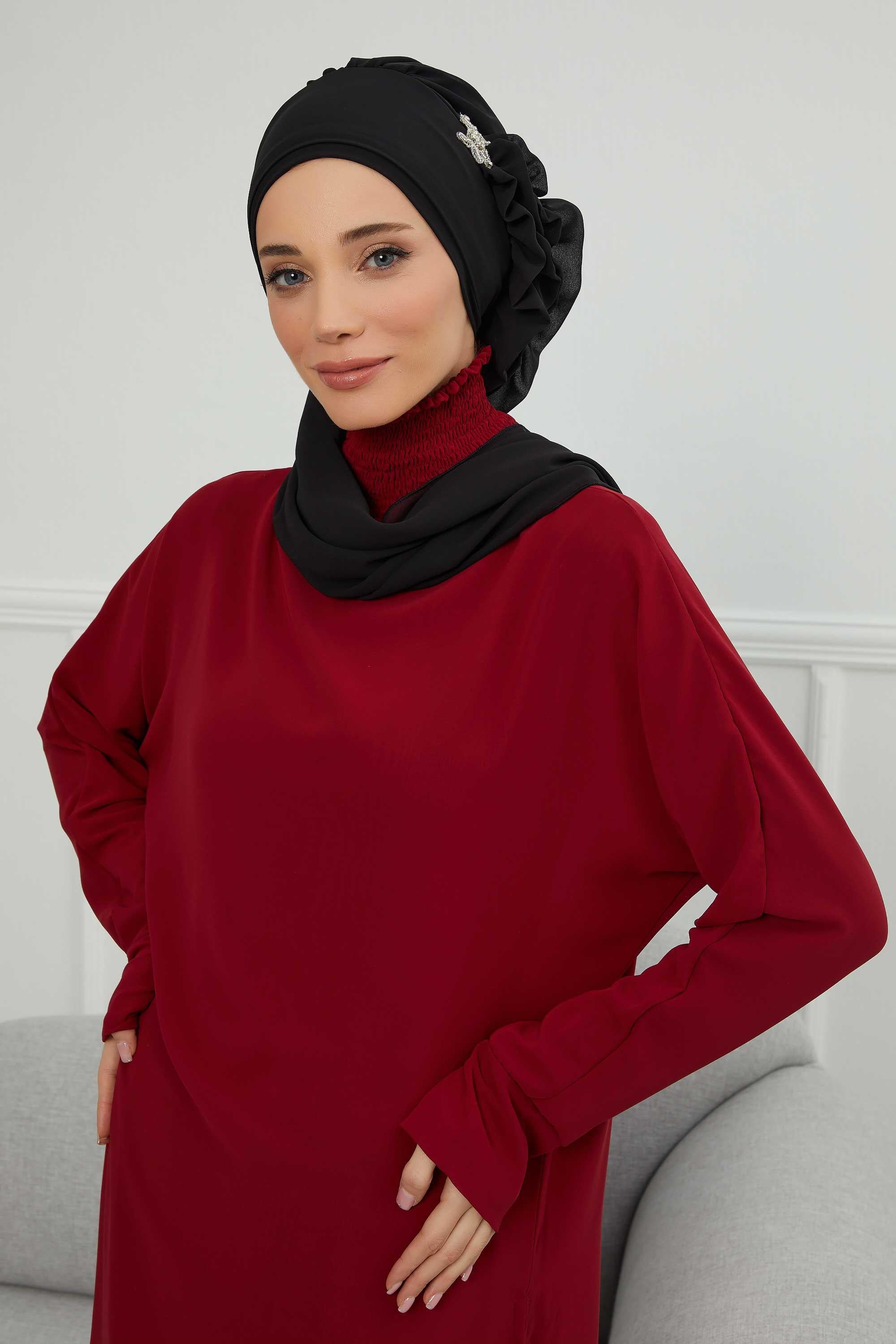 Elegant Chiffon Instant Turban with Sparkle Brooch, Pre-Tied Modest Headwrap for Women, Stylish Hijab Cap with Side Ruffle,HT-106 Black