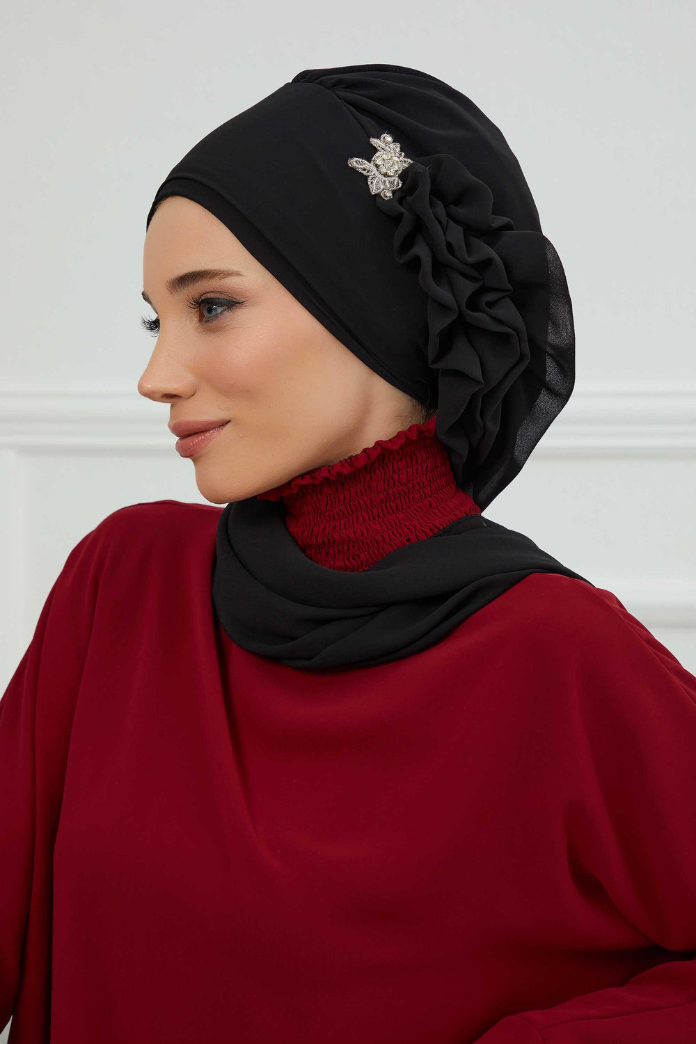 Elegant Chiffon Instant Turban with Sparkle Brooch, Pre-Tied Modest Headwrap for Women, Stylish Hijab Cap with Side Ruffle,HT-106 Black