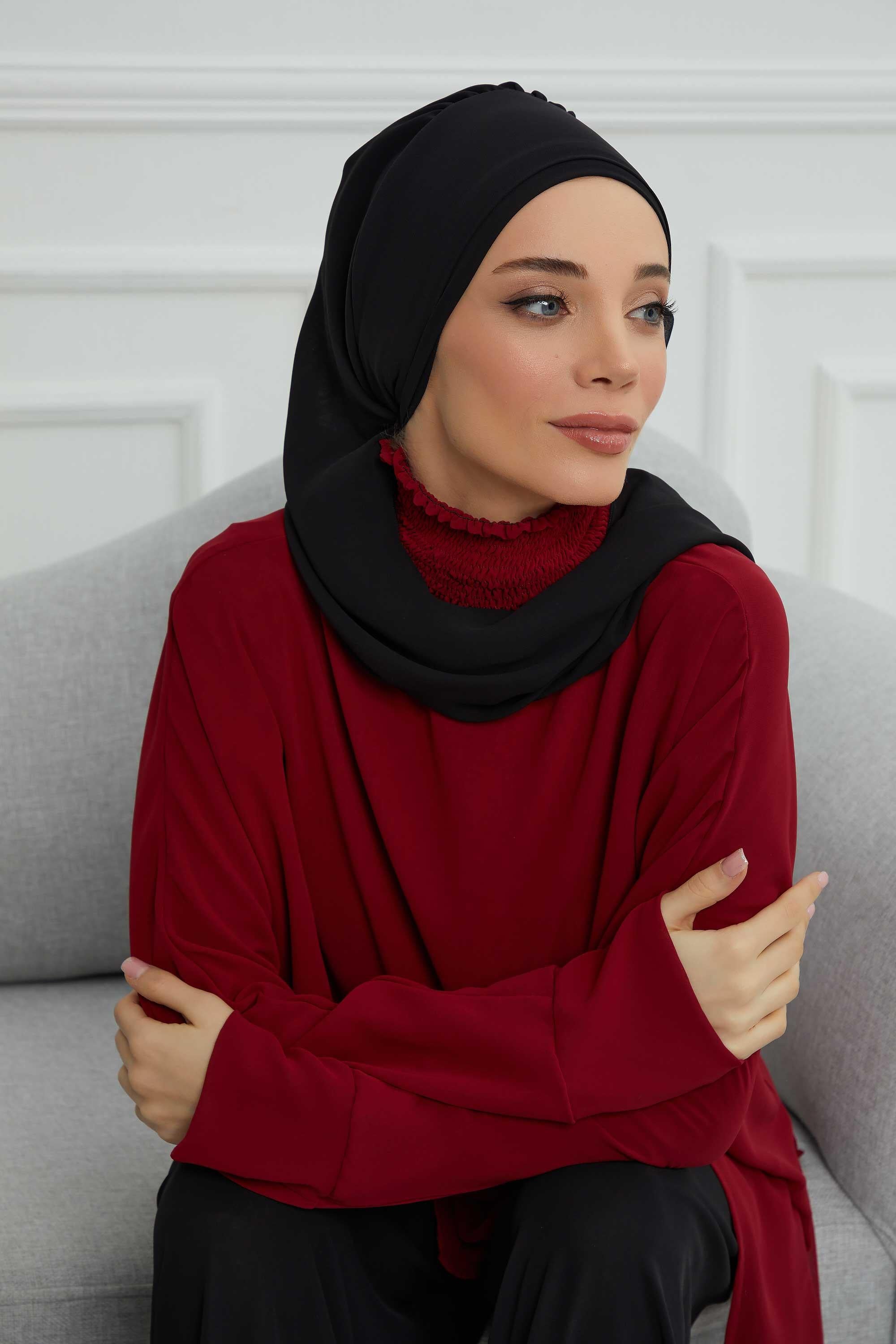 Elegant Chiffon Instant Turban with Sparkle Brooch, Pre-Tied Modest Headwrap for Women, Stylish Hijab Cap with Side Ruffle,HT-106 Black