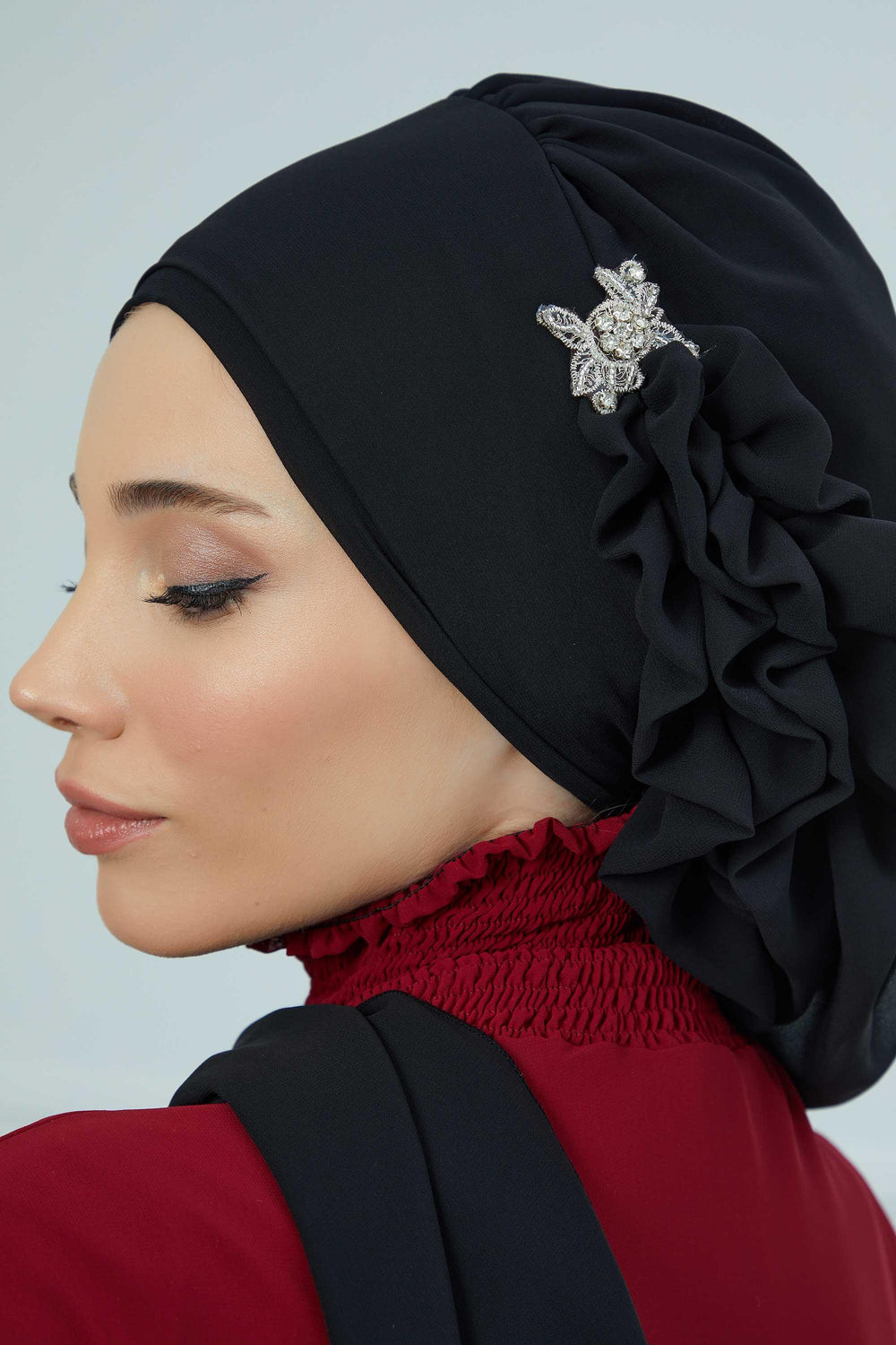 Elegant Chiffon Instant Turban with Sparkle Brooch, Pre-Tied Modest Headwrap for Women, Stylish Hijab Cap with Side Ruffle,HT-106 Black