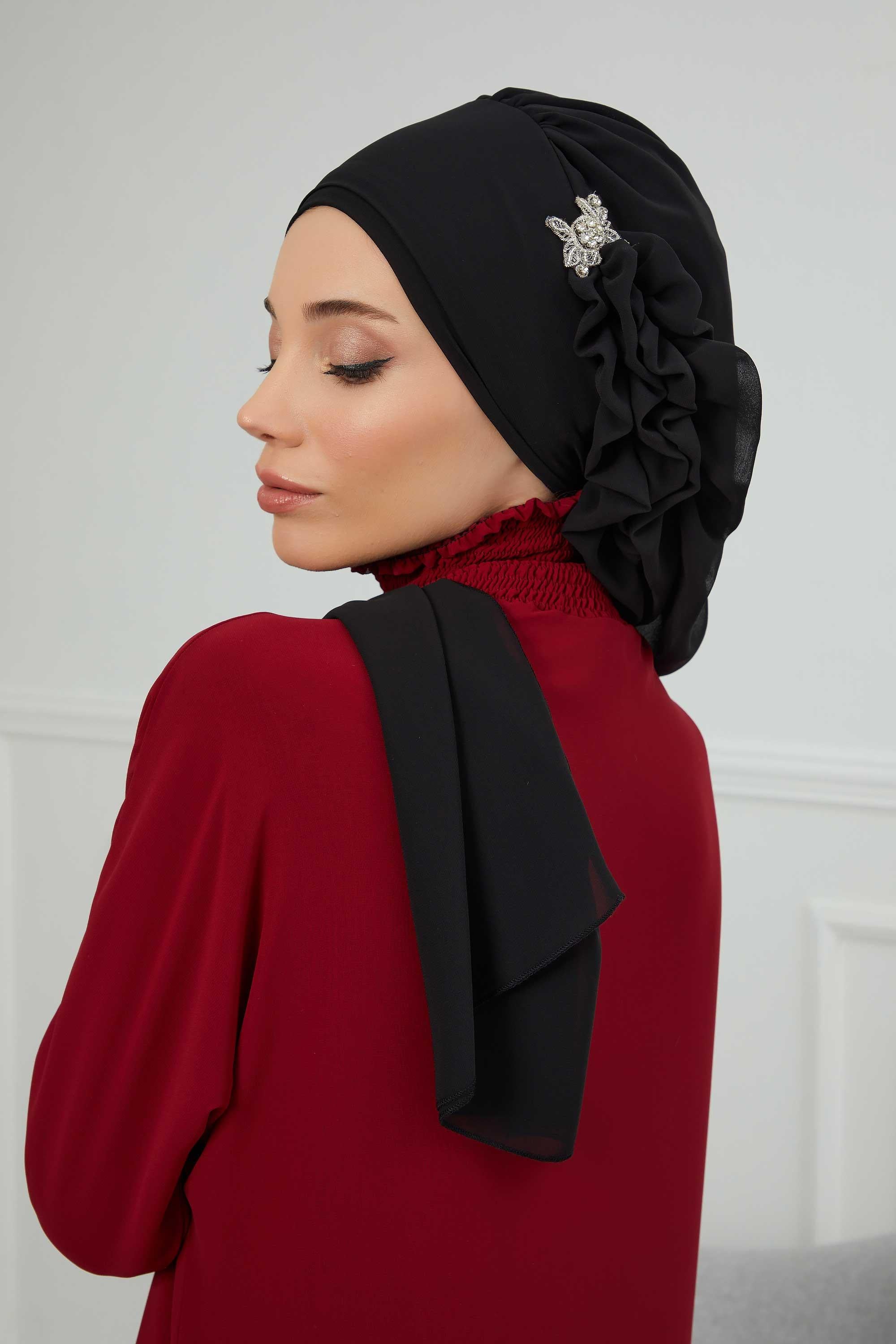 Elegant Chiffon Instant Turban with Sparkle Brooch, Pre-Tied Modest Headwrap for Women, Stylish Hijab Cap with Side Ruffle,HT-106 Black