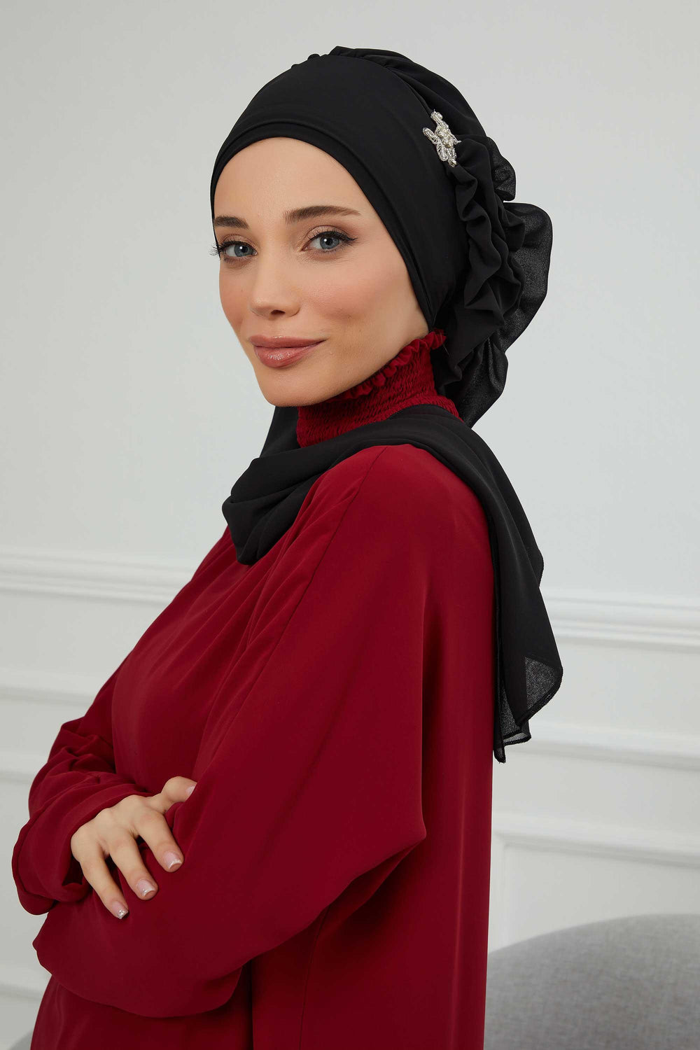 Elegant Chiffon Instant Turban with Sparkle Brooch, Pre-Tied Modest Headwrap for Women, Stylish Hijab Cap with Side Ruffle,HT-106 Black